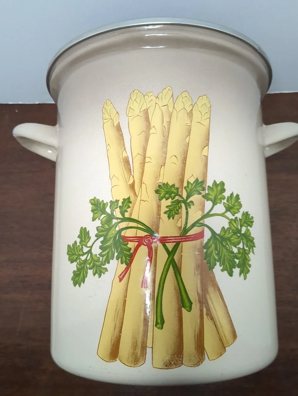 Vintage Asparagus Metal Pot  Brown & White  Decor 12” High No Insert / Lid